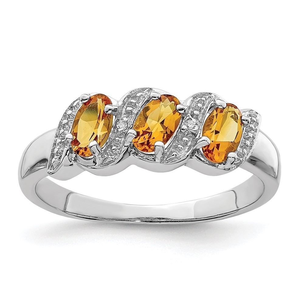 925 Sterling Silver 3 Stone Citrine (November Birthstone) & Diamond Ring Size 6